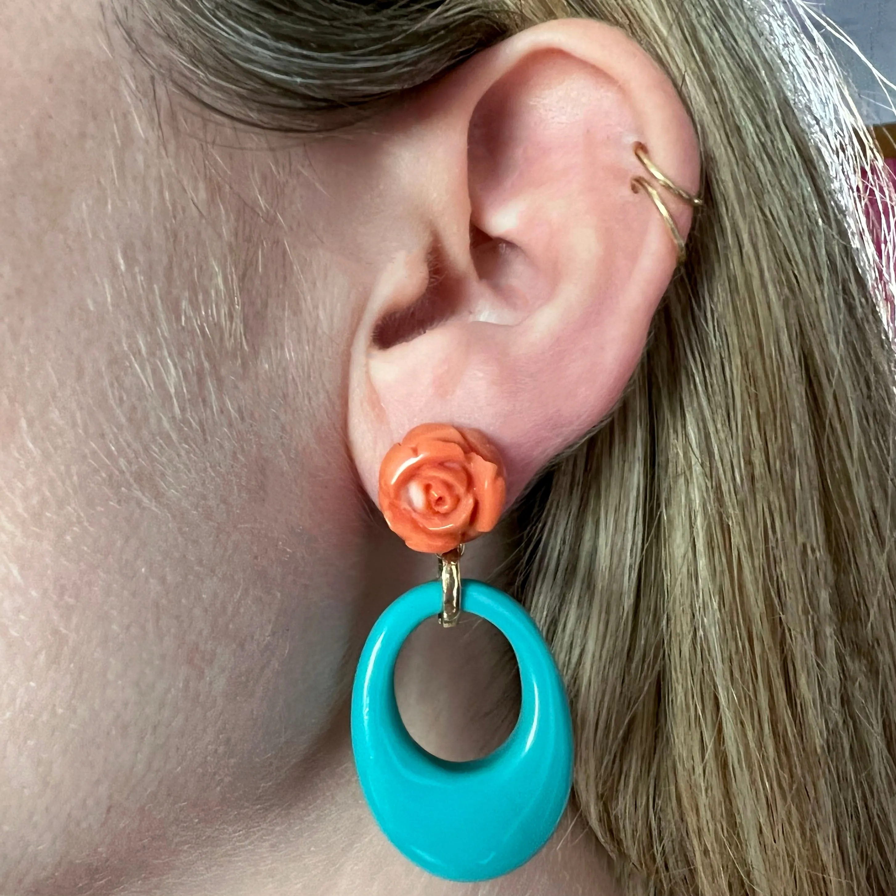 14k Coral Turquoise Earrings