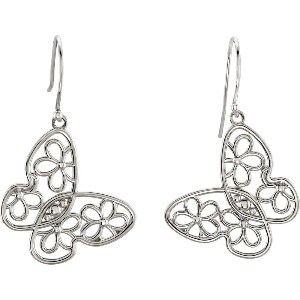 14k White Gold 24.75x22.5mm Butterfly & Floral-Inspired Earrings