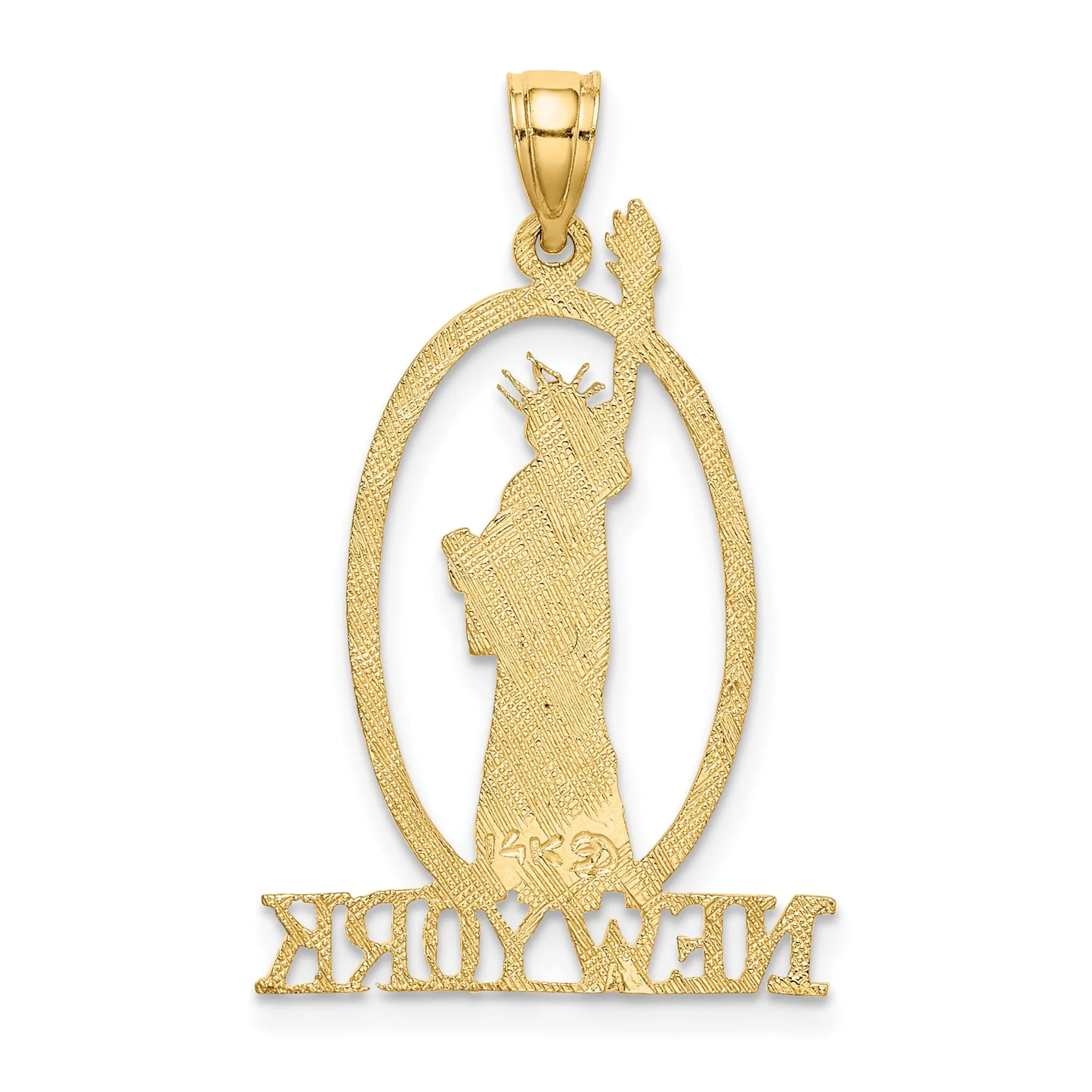 14k Yellow Gold Solid Polished Textured Finish Cut Out NEW YORK with Statue of Liberty Oval Shape Charm Pendant