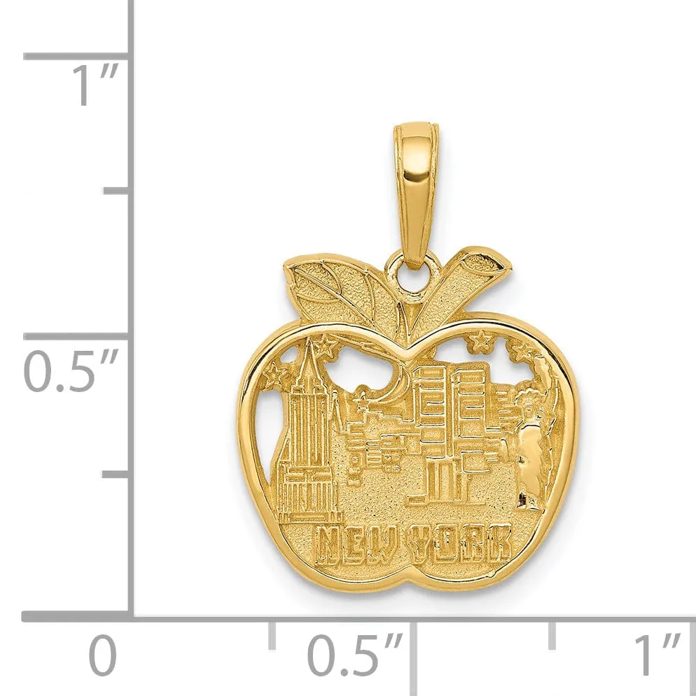 14k Yellow Gold Solid Polished Textured Finish NEW YORK City Skyline in Apple Shape Design Charm Pendant