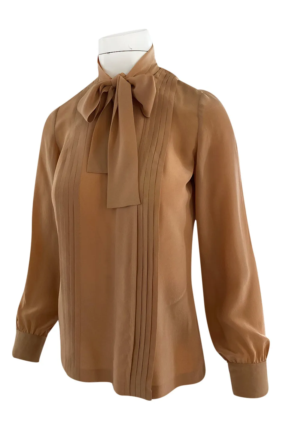 1970s Chanel True Haute Couture Pleated Front Silk Top w Bow & French Cuffs