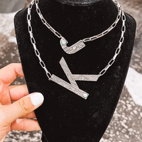 2" Stamped   Turquoise Initial Box Chain Necklace