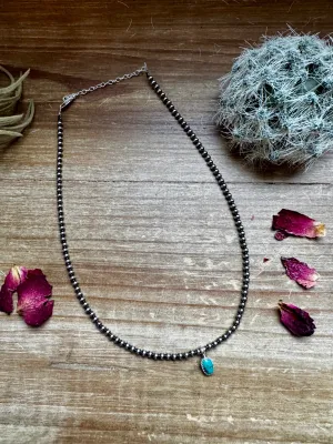 3mm Sterling Silver "Navajo Style" Pearls and Kingman Turquoise Pendant Necklace- 14"