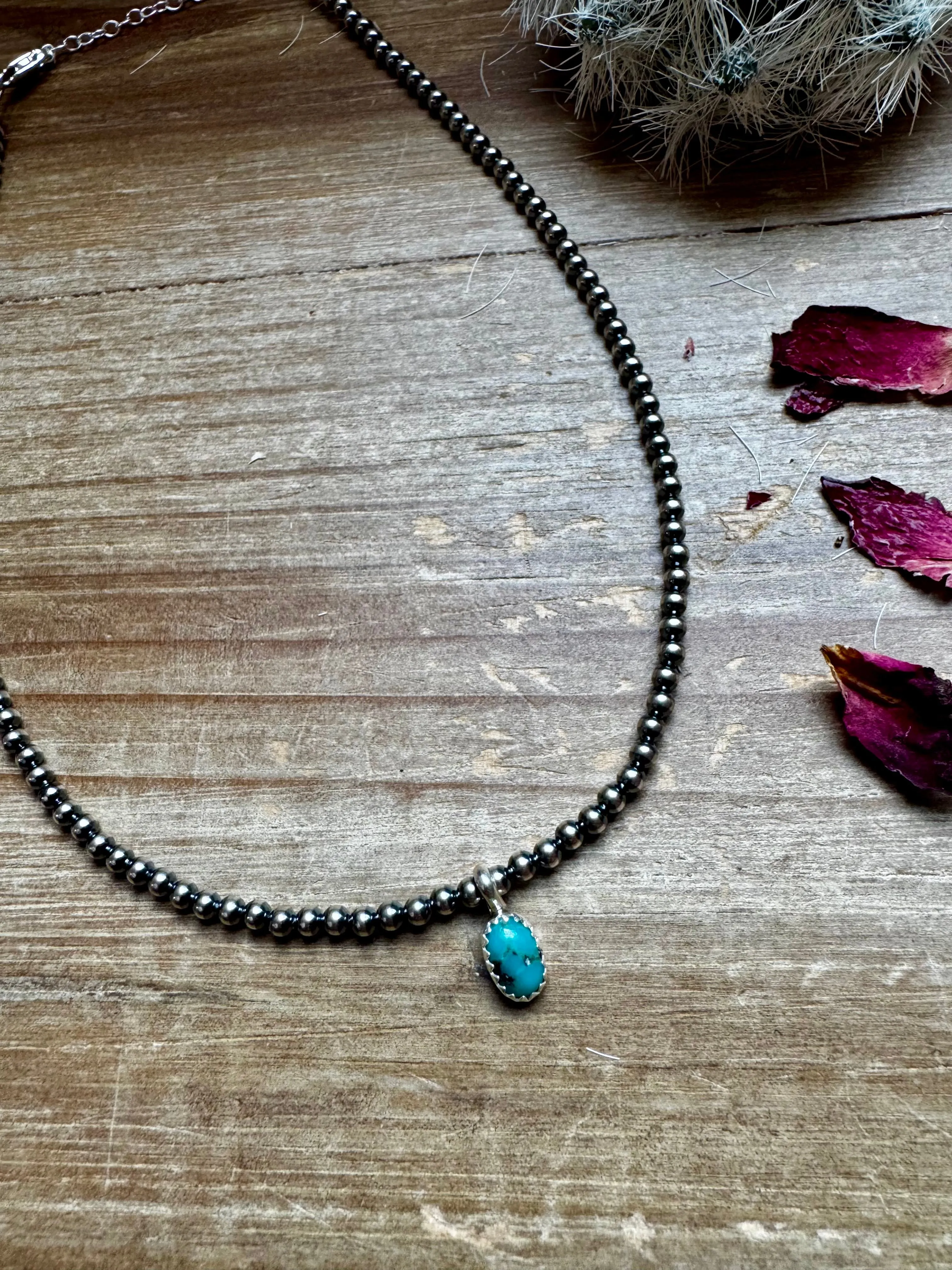 3mm Sterling Silver "Navajo Style" Pearls and Kingman Turquoise Pendant Necklace- 14"