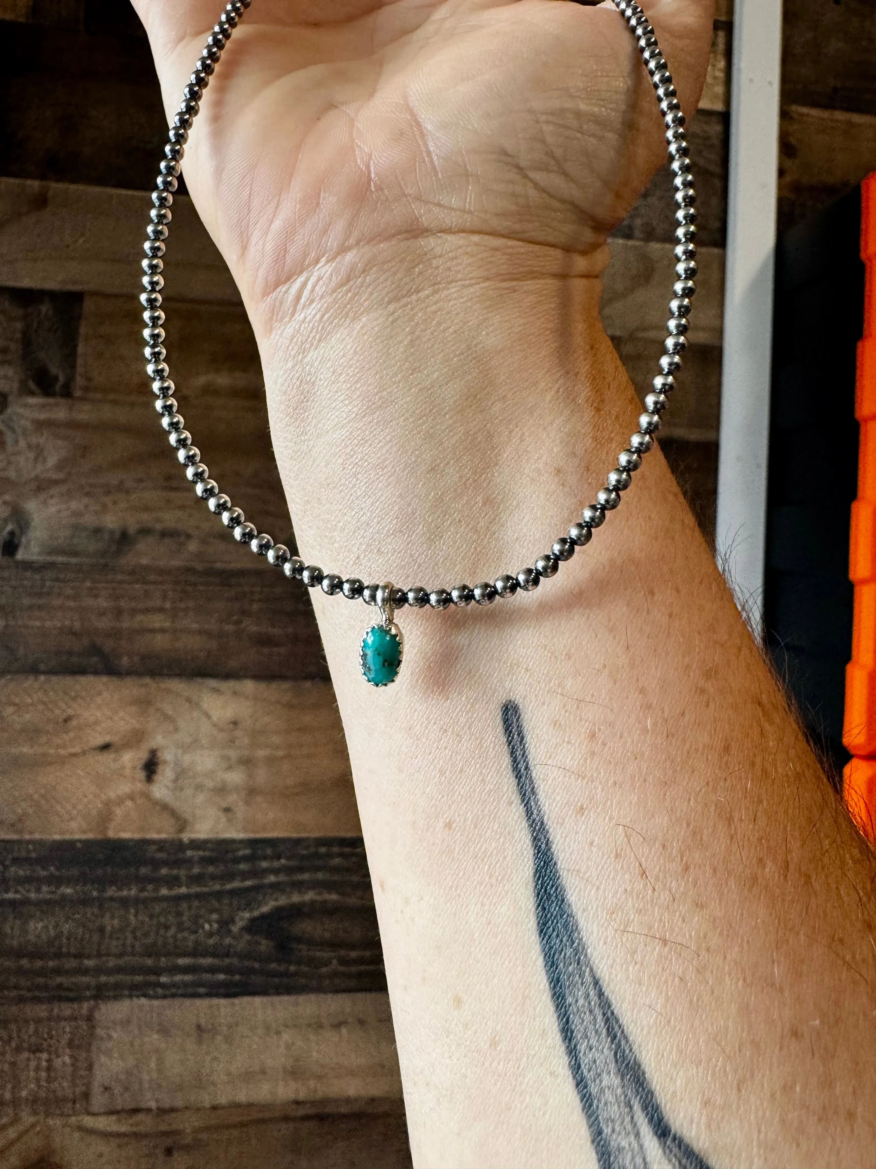 3mm Sterling Silver "Navajo Style" Pearls and Kingman Turquoise Pendant Necklace- 14"