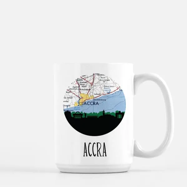 Accra, Ghana city skyline with vintage Accra map