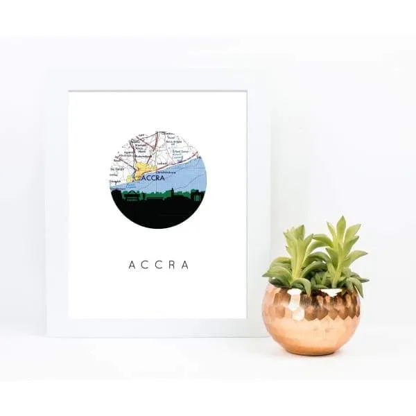 Accra, Ghana city skyline with vintage Accra map