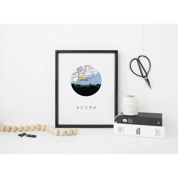 Accra, Ghana city skyline with vintage Accra map