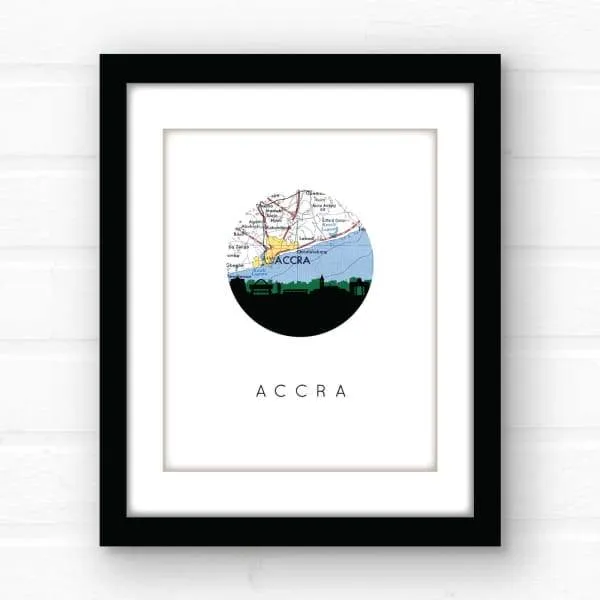 Accra, Ghana city skyline with vintage Accra map