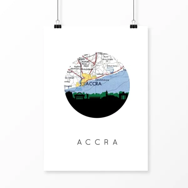 Accra, Ghana city skyline with vintage Accra map