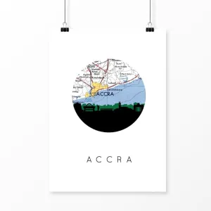 Accra, Ghana city skyline with vintage Accra map