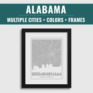 Alabama city map art, framed Alabama art print, multiple Alabama cities wall art, city skyline art print, Alabama city maps, Alabama decor