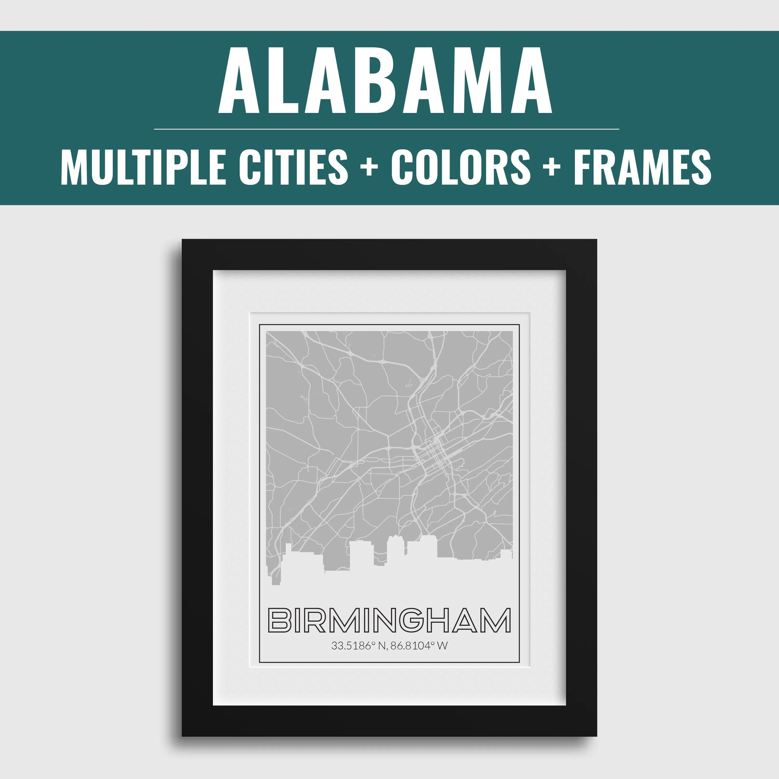 Alabama city map art, framed Alabama art print, multiple Alabama cities wall art, city skyline art print, Alabama city maps, Alabama decor