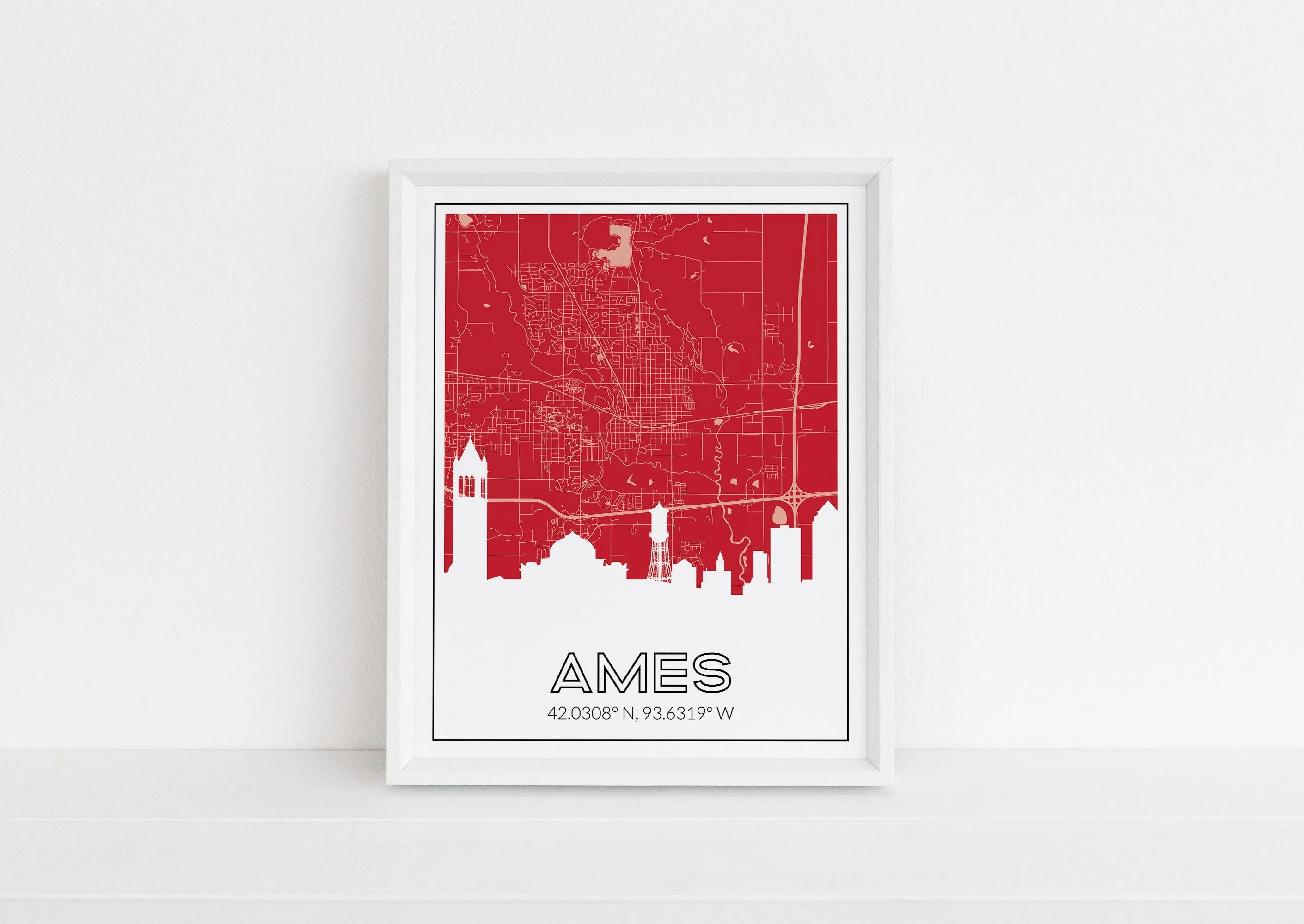 Ames, Iowa art print with the Ames skyline and an Ames Iowa roadmap - available framed and in multiple colors