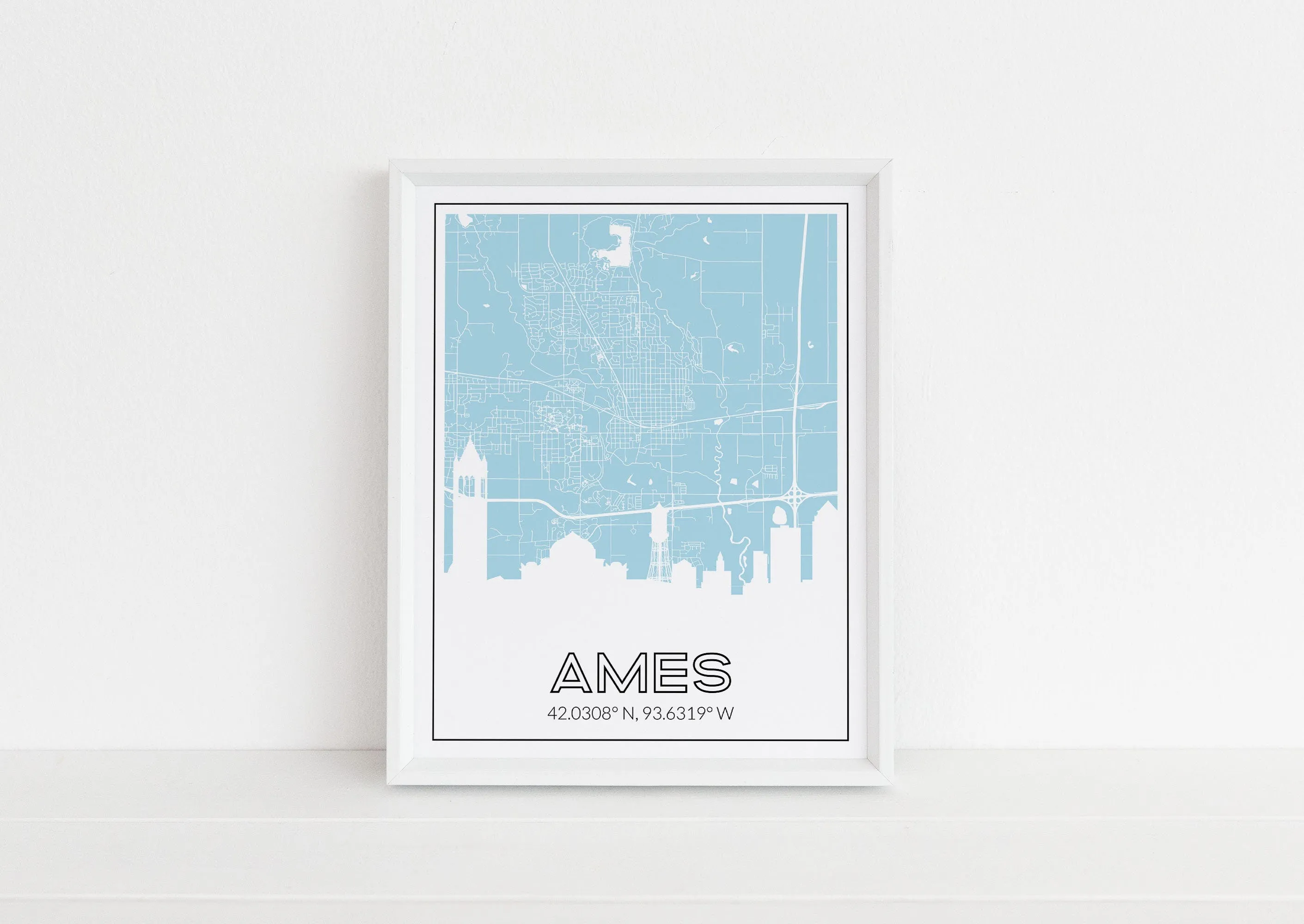 Ames, Iowa art print with the Ames skyline and an Ames Iowa roadmap - available framed and in multiple colors