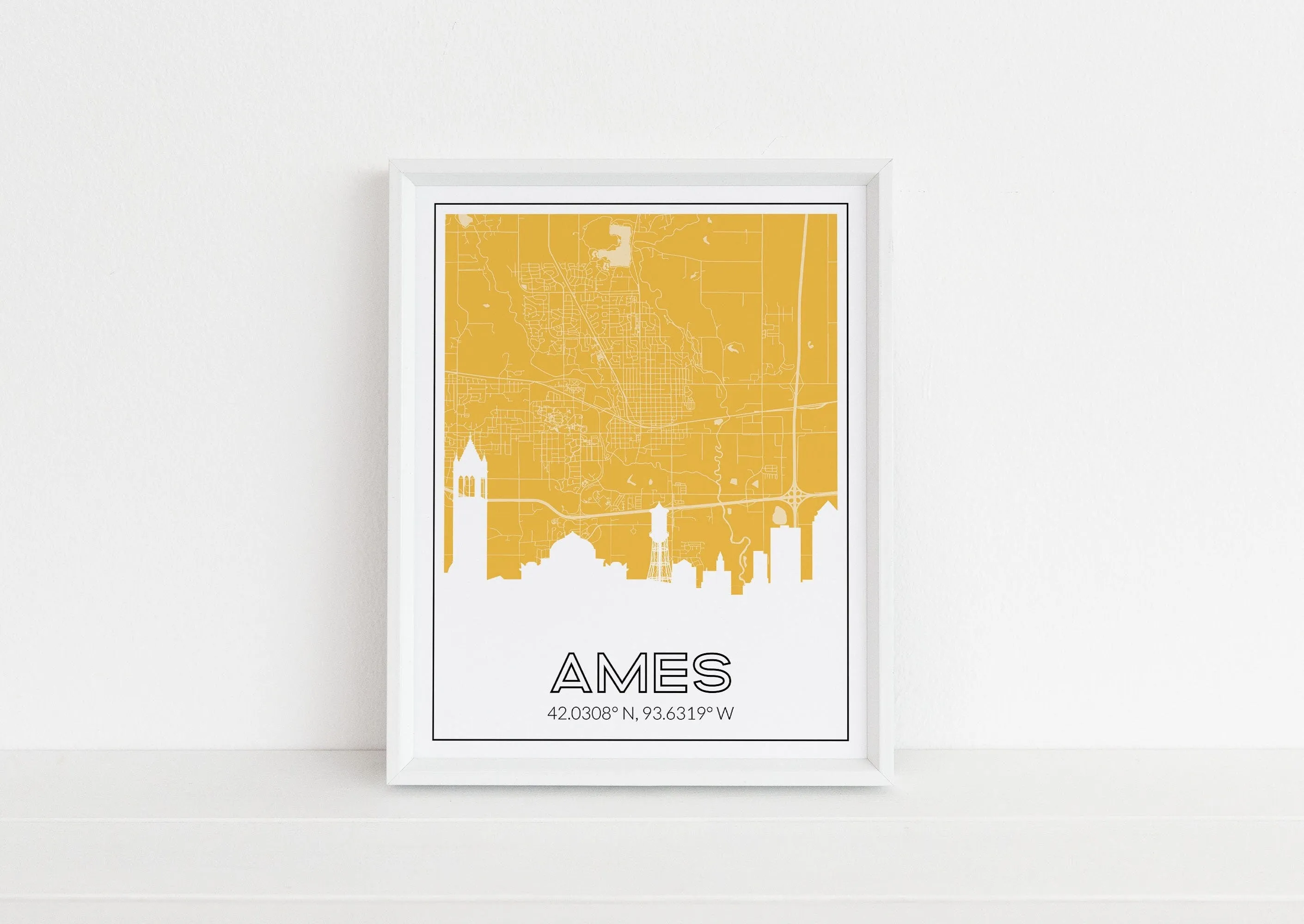 Ames, Iowa art print with the Ames skyline and an Ames Iowa roadmap - available framed and in multiple colors
