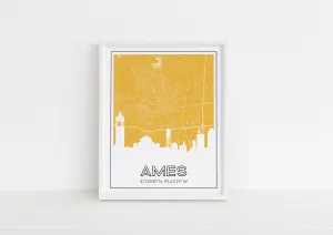 Ames, Iowa art print with the Ames skyline and an Ames Iowa roadmap - available framed and in multiple colors