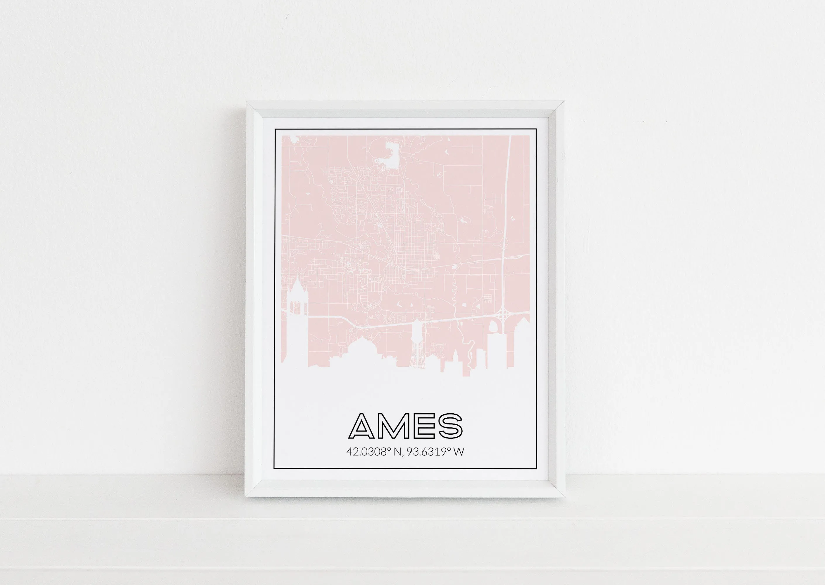Ames, Iowa art print with the Ames skyline and an Ames Iowa roadmap - available framed and in multiple colors