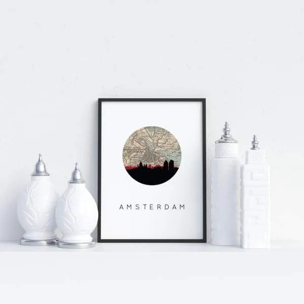 Amsterdam city skyline with vintage Amsterdam map
