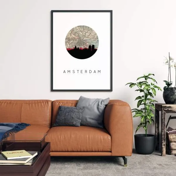 Amsterdam city skyline with vintage Amsterdam map