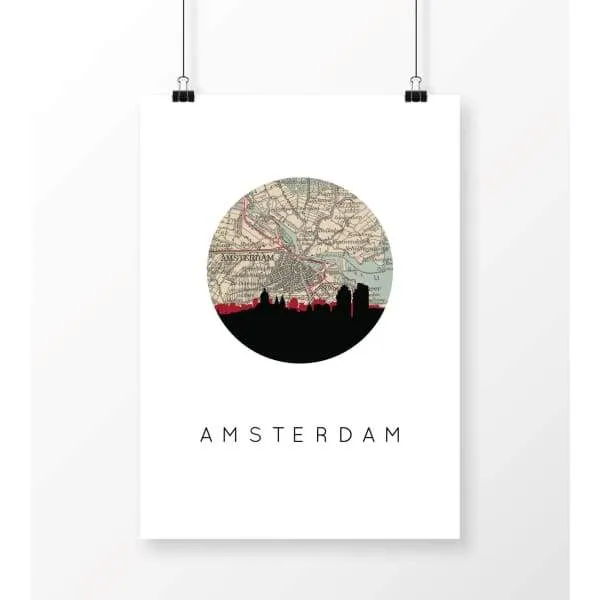Amsterdam city skyline with vintage Amsterdam map