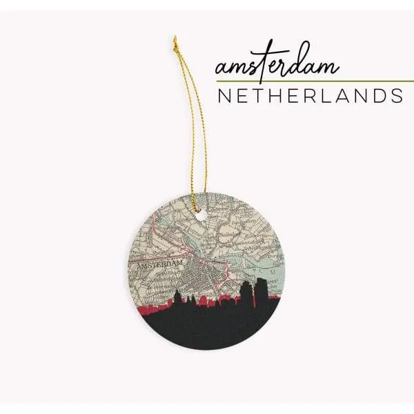 Amsterdam city skyline with vintage Amsterdam map