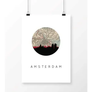 Amsterdam city skyline with vintage Amsterdam map