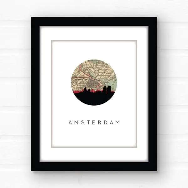 Amsterdam city skyline with vintage Amsterdam map