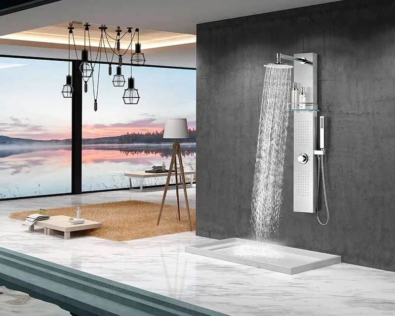 Anzzi Coastal 44 in. Full Body Shower Panel with Heavy Rain Shower and Spray Wand in Brushed Steel