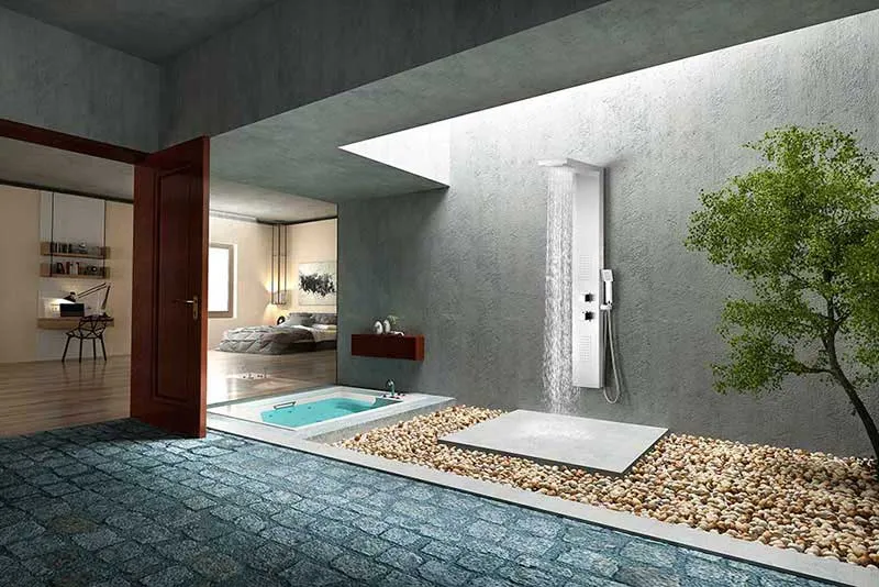 Anzzi EXPANSE Series 64 in. Full Body Shower Panel System with Heavy Rain Shower and Spray Wand in Brushed Steel