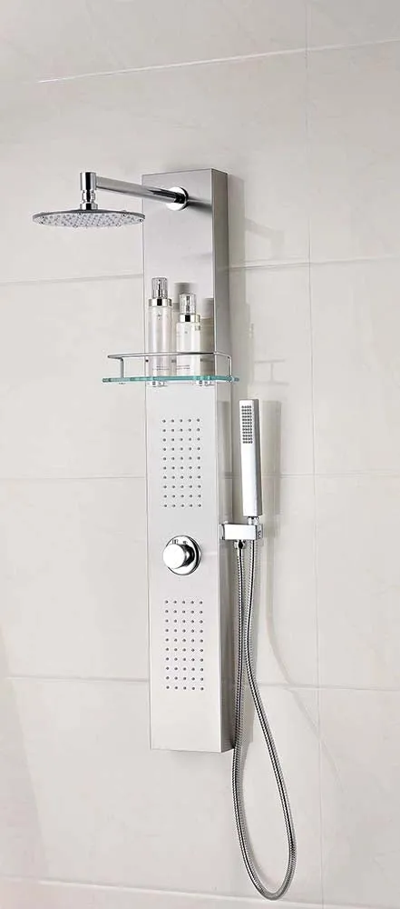 Anzzi Pioneer 44 in. Full Body Shower Panel with Heavy Rain Shower and Spray Wand in Brushed Steel