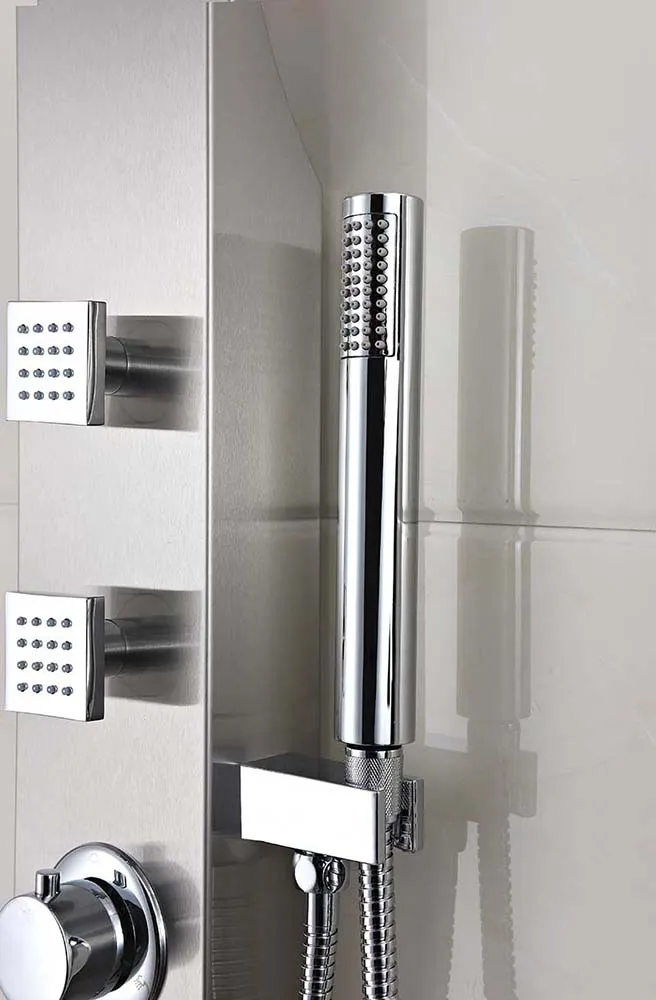 Anzzi Sans 40 in. Full Body Shower Panel with Heavy Rain Shower and Spray Wand in Brushed Steel