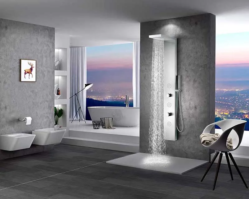 Anzzi TUNDRA Series 52 in. Full Body Shower Panel System with Heavy Rain Shower and Spray Wand in Brushed Steel