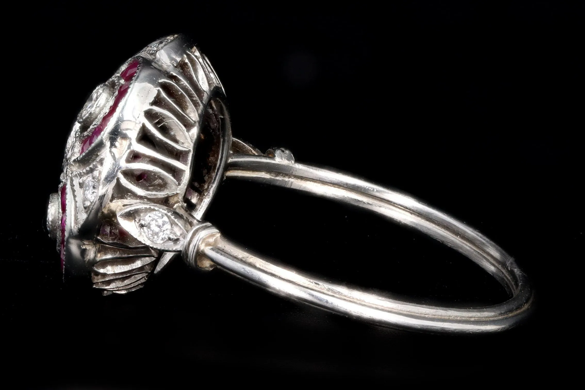 Art Deco Inspired Platinum Diamond & French Cut Natural Ruby Ring