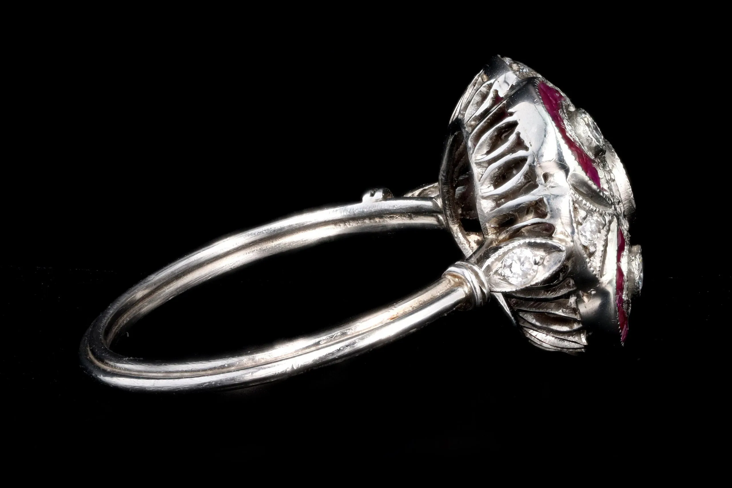 Art Deco Inspired Platinum Diamond & French Cut Natural Ruby Ring
