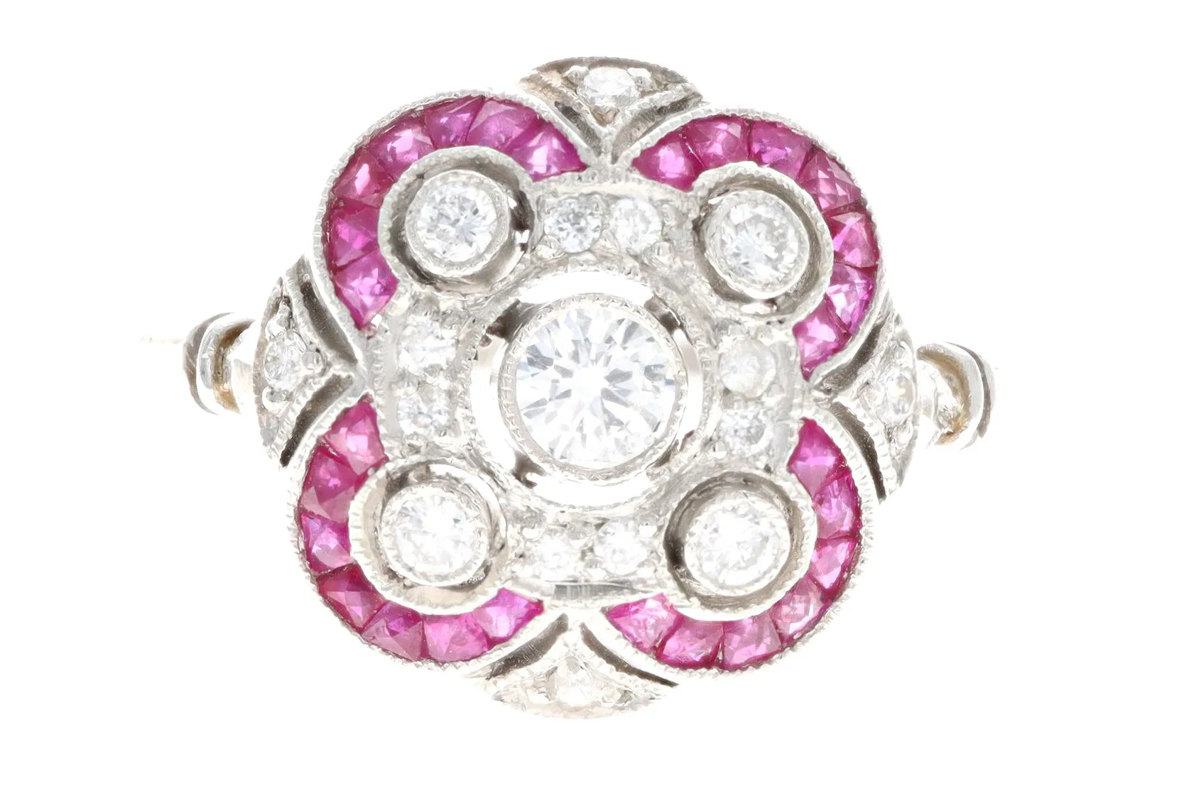 Art Deco Inspired Platinum Diamond & French Cut Natural Ruby Ring
