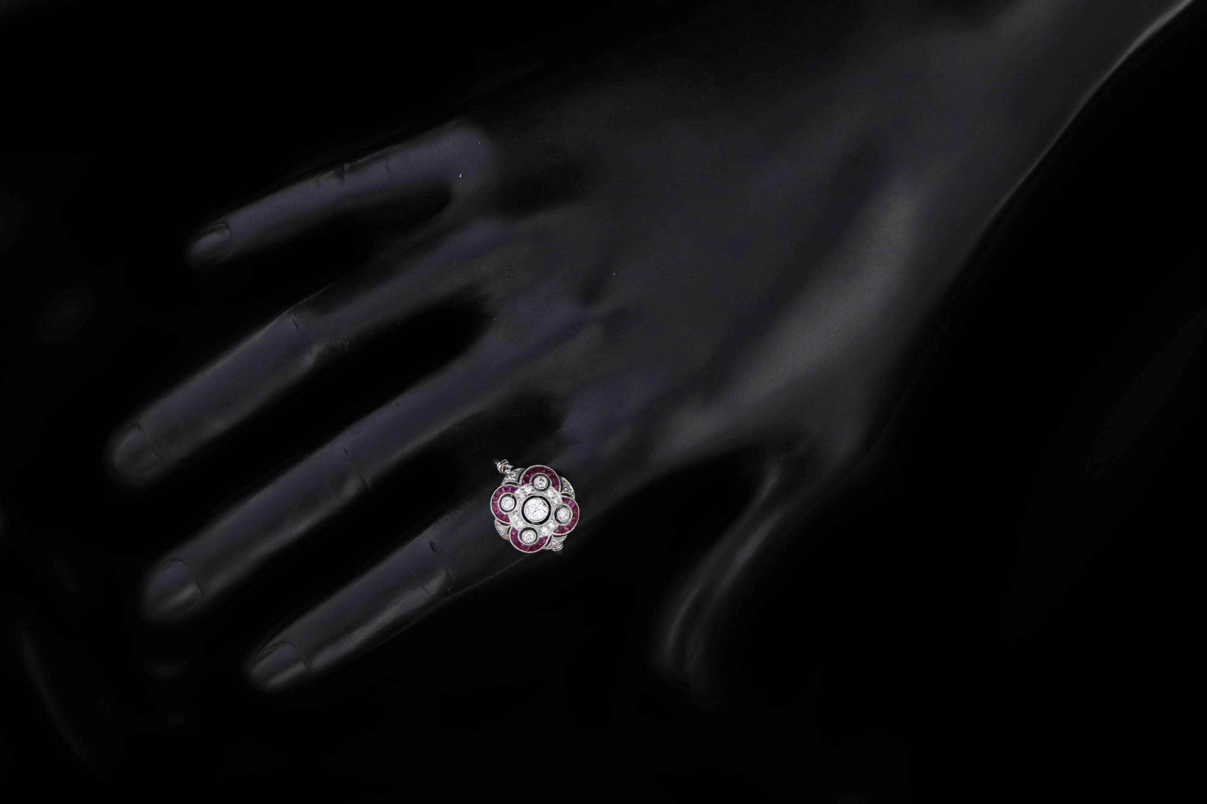 Art Deco Inspired Platinum Diamond & French Cut Natural Ruby Ring