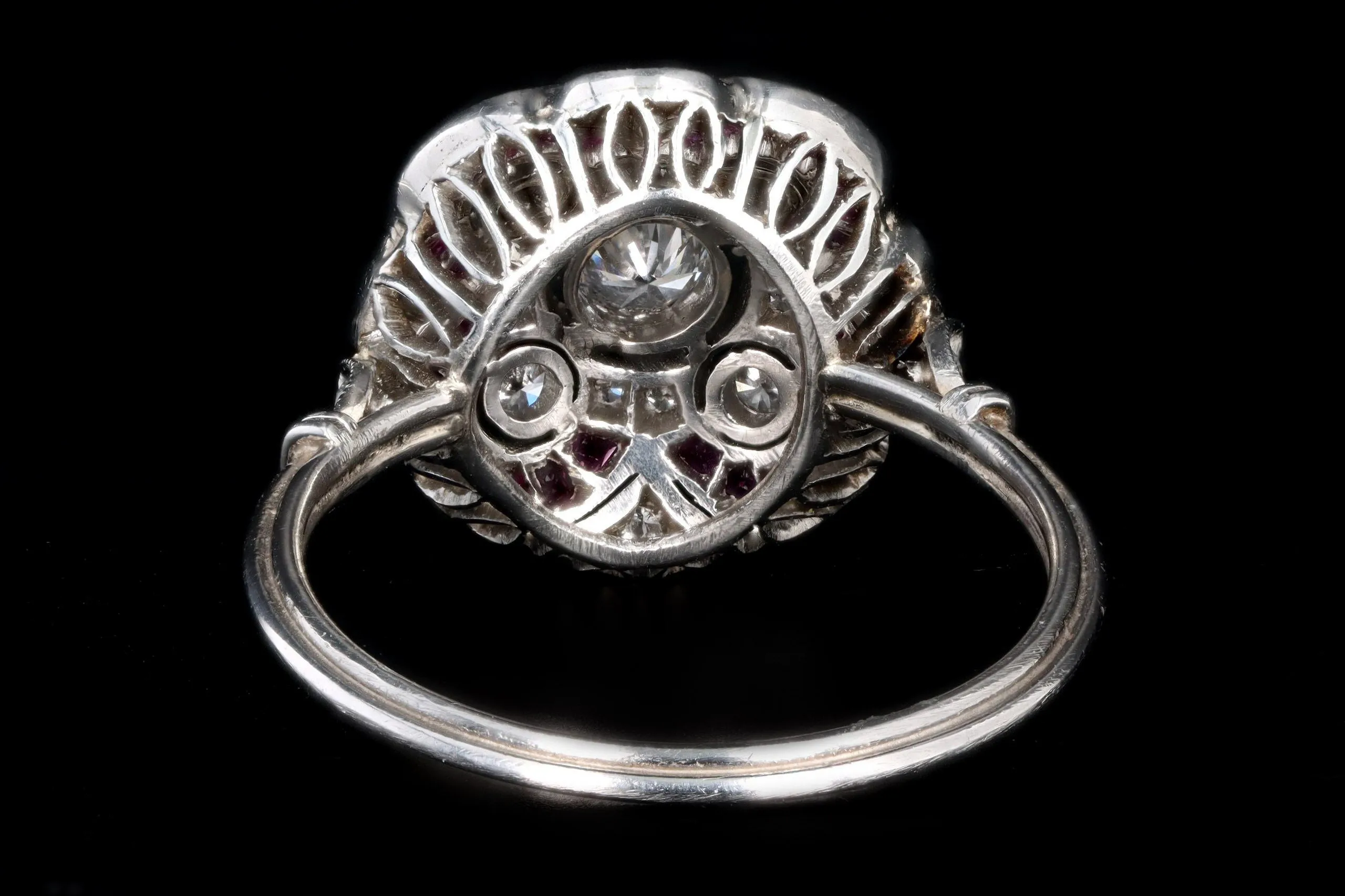 Art Deco Inspired Platinum Diamond & French Cut Natural Ruby Ring