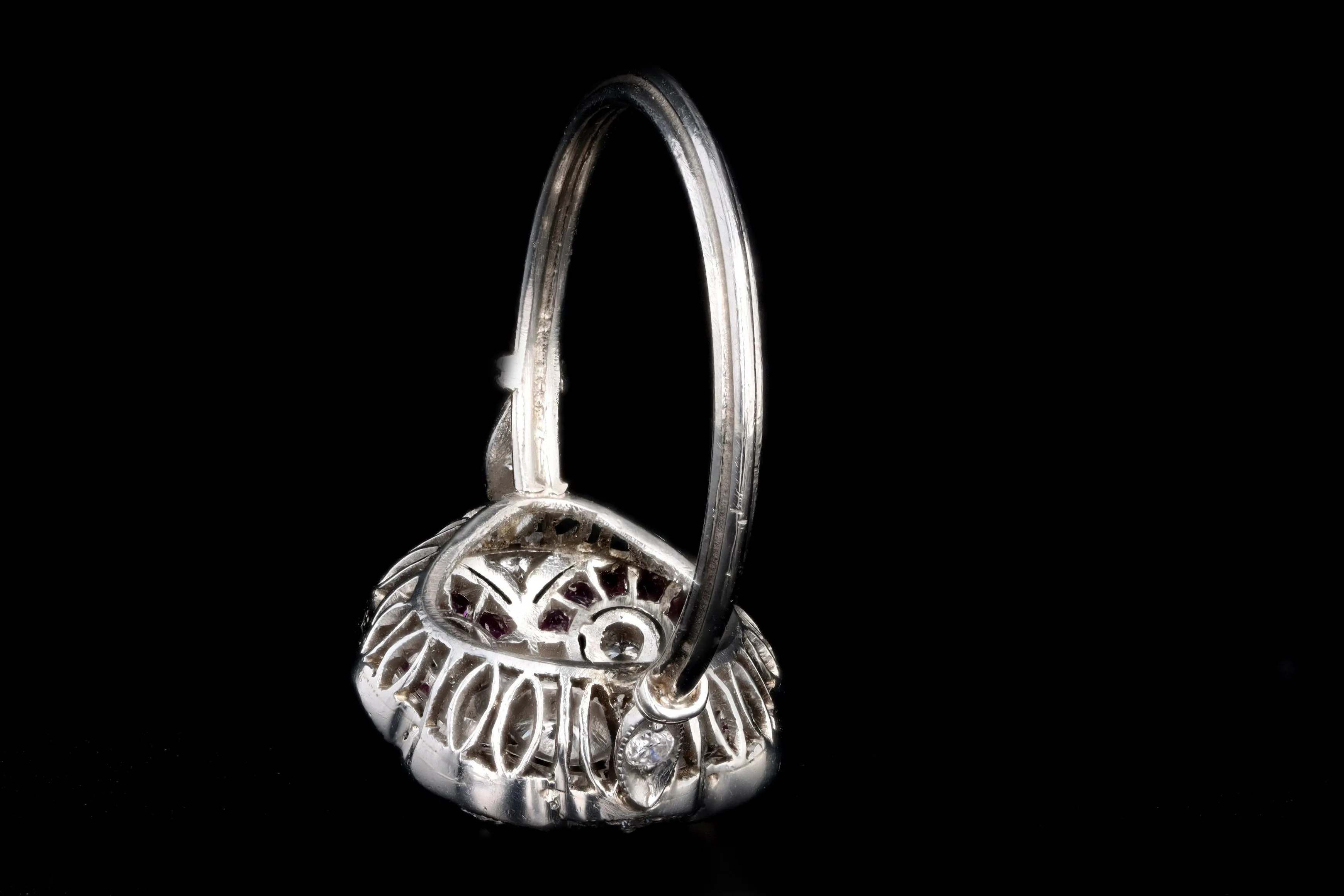 Art Deco Inspired Platinum Diamond & French Cut Natural Ruby Ring