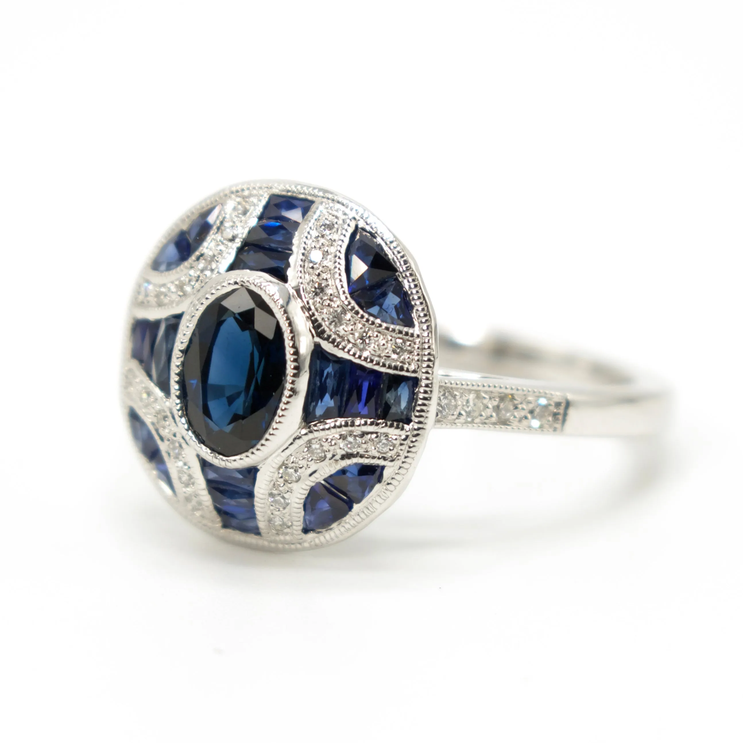 Art Deco Style Oval and French Cut Sapphire and Diamond Ring