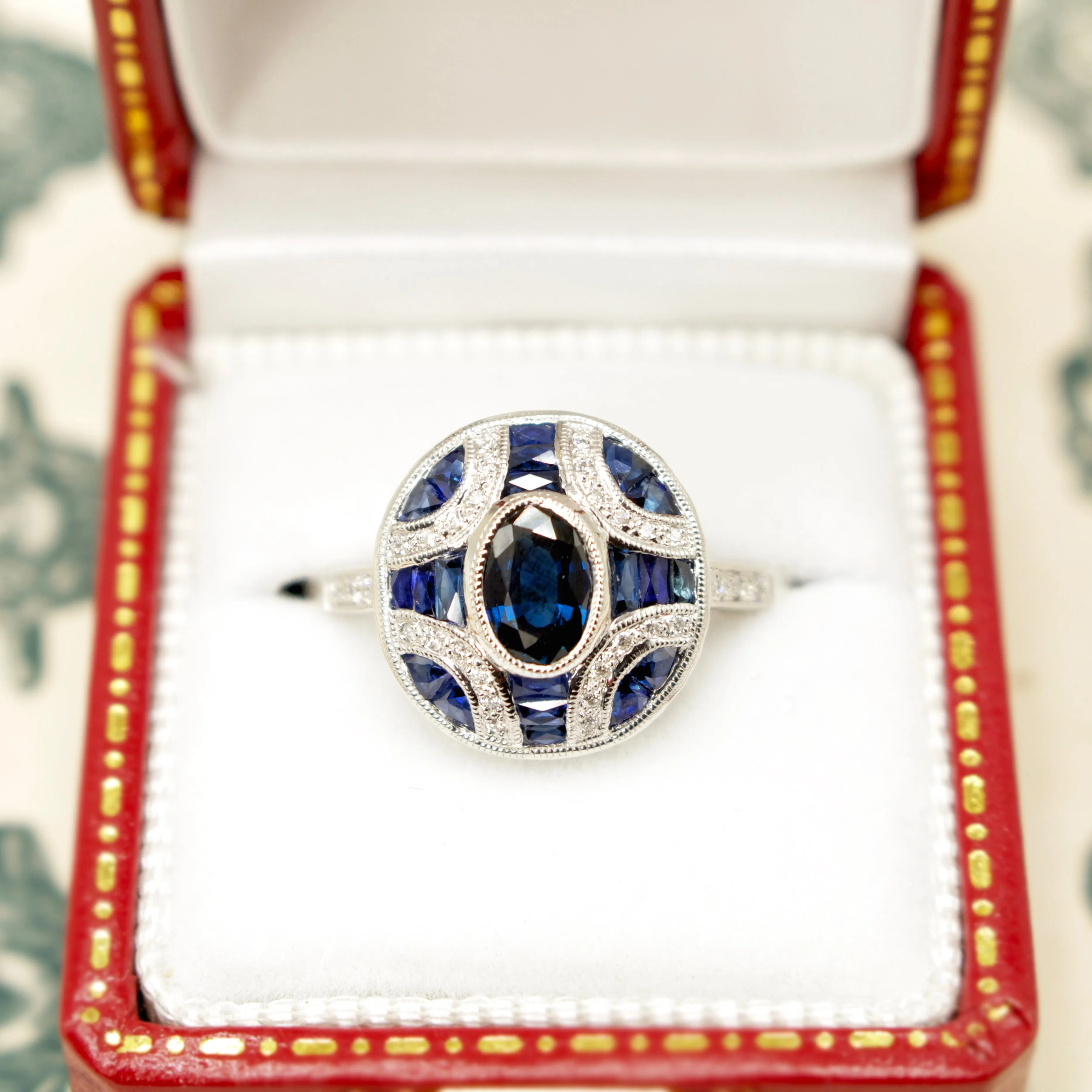 Art Deco Style Oval and French Cut Sapphire and Diamond Ring