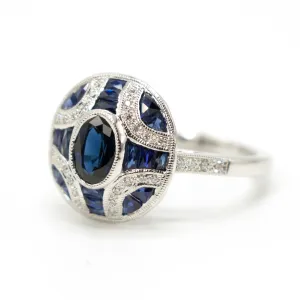 Art Deco Style Oval and French Cut Sapphire and Diamond Ring
