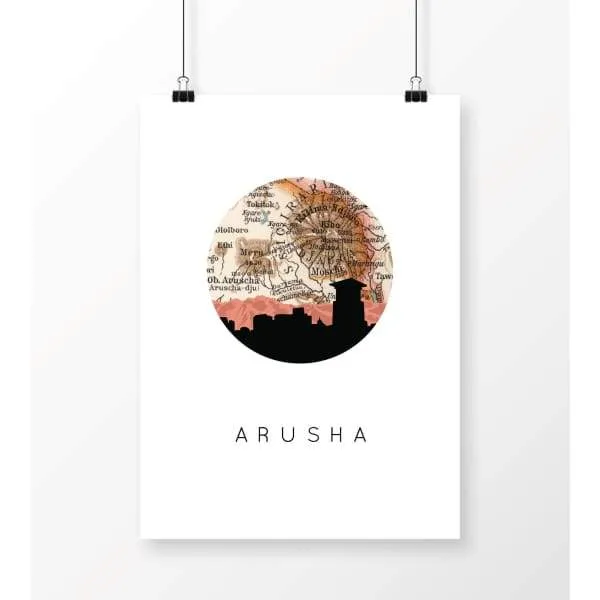 Arusha, Tanzania city skyline with vintage Arusha map