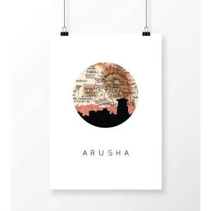 Arusha, Tanzania city skyline with vintage Arusha map