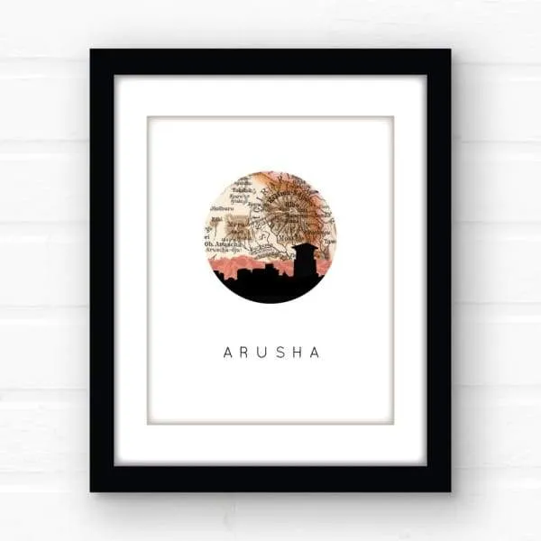Arusha, Tanzania city skyline with vintage Arusha map