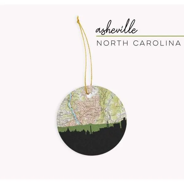 Asheville, North Carolina city skyline with vintage Asheville map