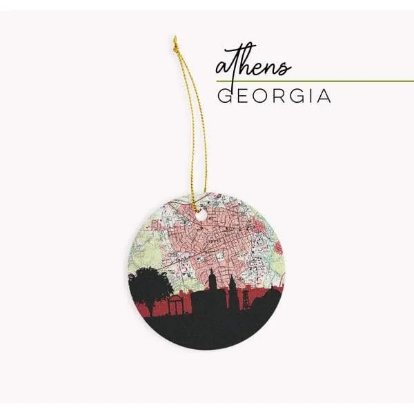 Athens, Georgia city skyline with vintage Athens map