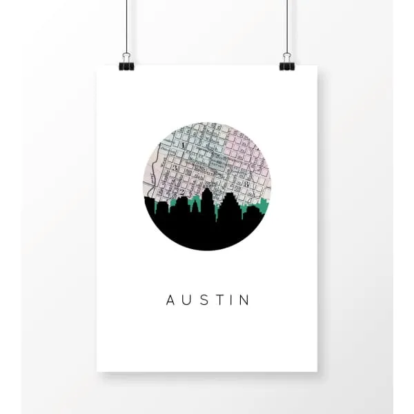 Austin, Texas city skyline with vintage Austin map