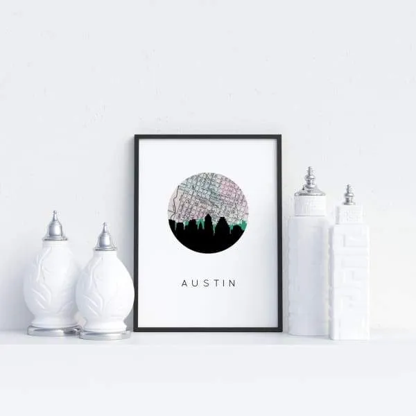 Austin, Texas city skyline with vintage Austin map