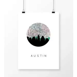 Austin, Texas city skyline with vintage Austin map